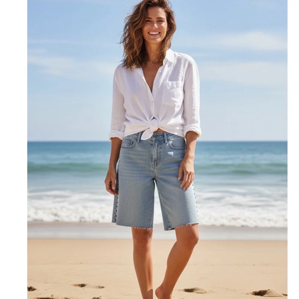 Camila Coelho High Waist Midi Studded Denim Shorts Light Wash Blue‎ Boho Rocker